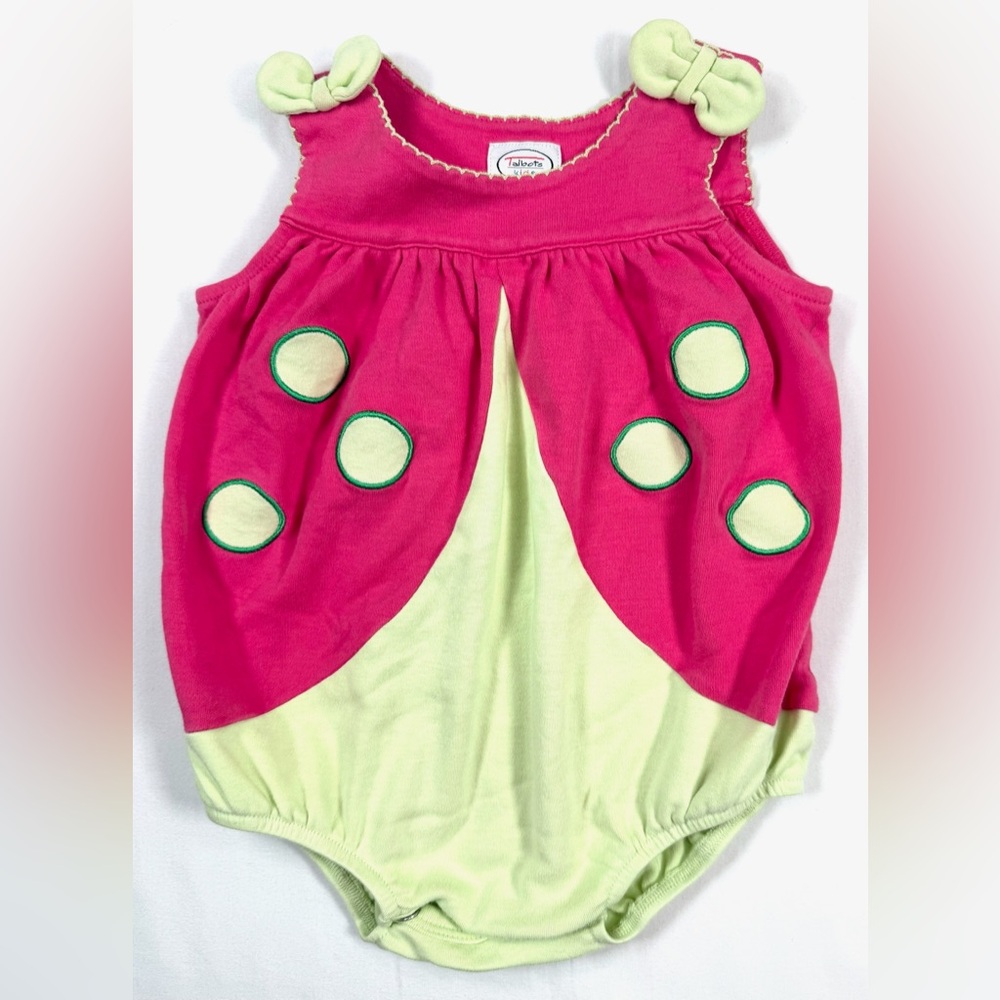 TALBOTS KIDS Vintage Pink‎ & Green Ladybug Bow Strap Bubble One Piece Size 6M